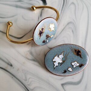 Vintage Beaulieu Enamel Copper Cuff Bracelet + Brooch • Artisan Jewelry